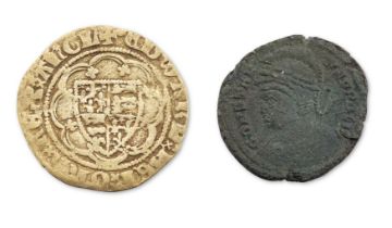Two 14th/15th century coins, comprising: English, Edward III gold ¼ noble (1495-1498), 1.8g; and ...
