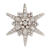 A 20th century diamond star brooch, with central brilliant-cut diamond cluster, pavé diamond rays...