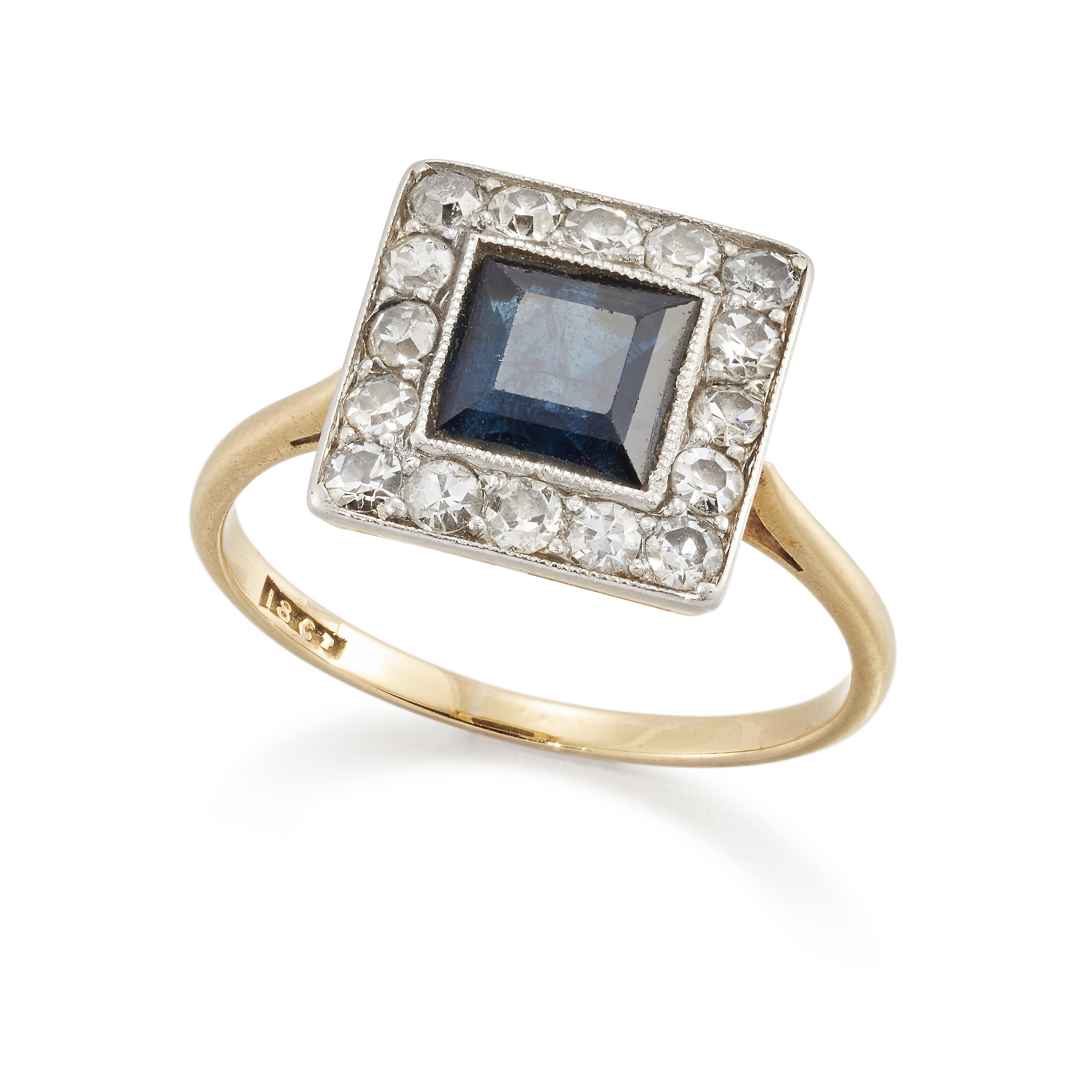 An early 20th century 18ct gold sapphire and diamond cluster ring, with a square step cut sapphir...