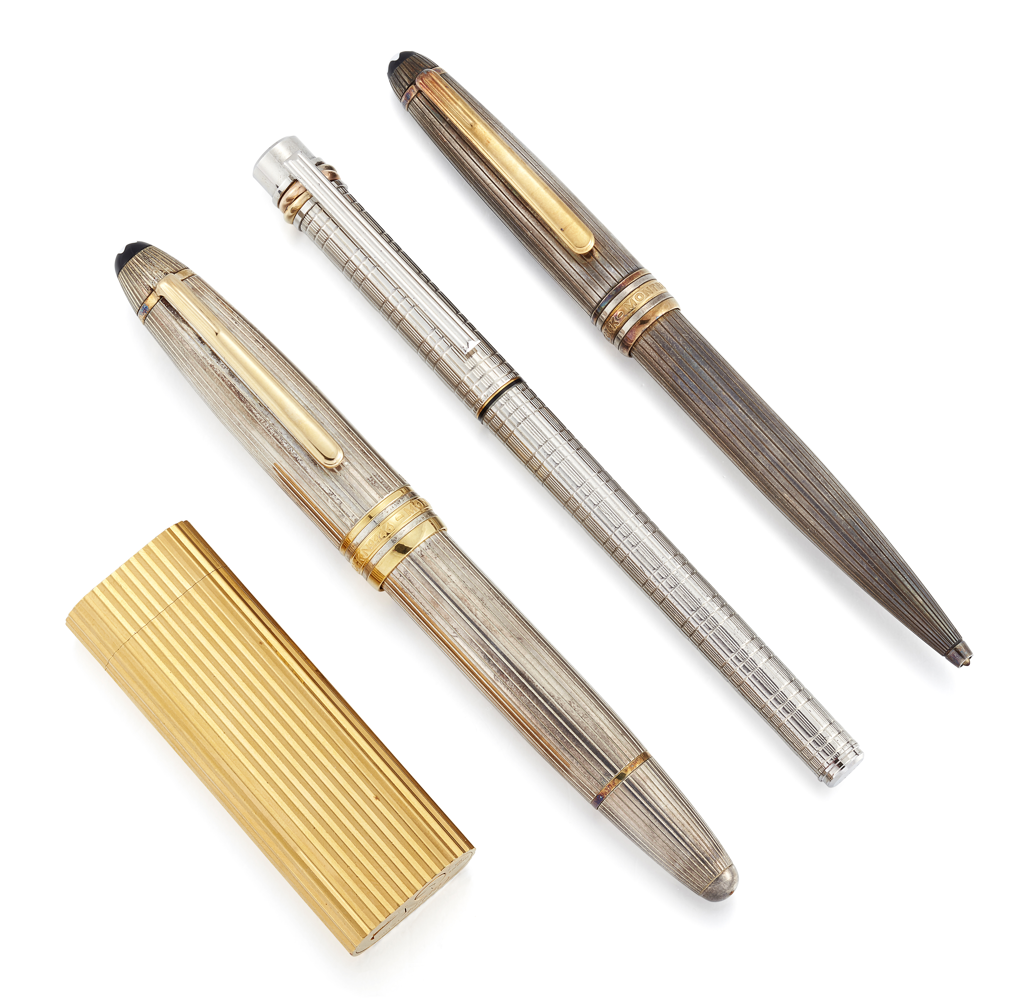 Three pens and a lighter, comprising: a sterling silver Montblanc Meisterstück no.146 fountain pe...