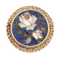 A late 19th century gold mounted pietra dura brooch, the circular pietra dura with lapis lazuli g...