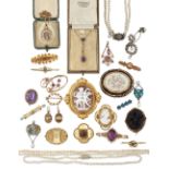 A group of antique and later jewellery, including: an Art Nouveau 15ct gold turquoise brooch by M...