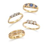 Four diamond and gem rings, comprising: a brilliant-cut diamond three stone ring; a brilliant-cut...