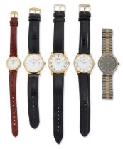 A group of five various wristwatches and bracelet watches Comprising: a Longines gold plated quar...