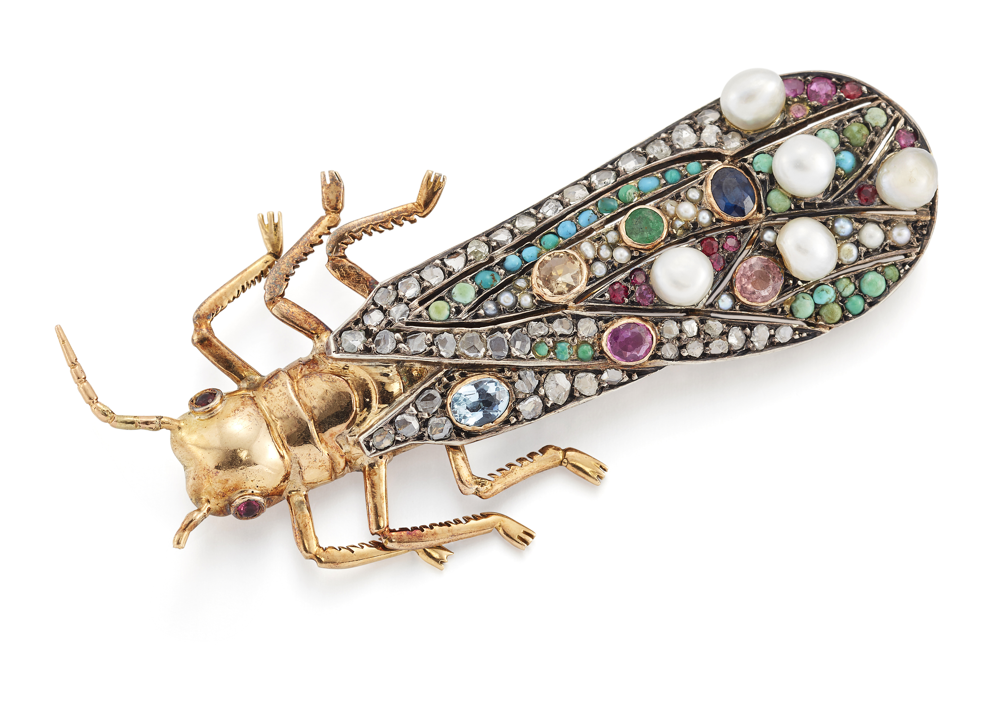A mid 20th century gold, diamond and gem bug brooch, the wings set throughout with rose-cut diamo...