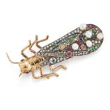 A mid 20th century gold, diamond and gem bug brooch, the wings set throughout with rose-cut diamo...