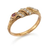 A late 19th century gold, ruby and diamond serpent ring, the hoop set with a rose-cut diamond ser...