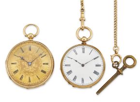 Two open face fob watches and chain One with Swiss cylinder movement, one with florally engraved ...