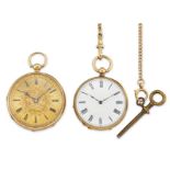 Two open face fob watches and chain One with Swiss cylinder movement, one with florally engraved ...