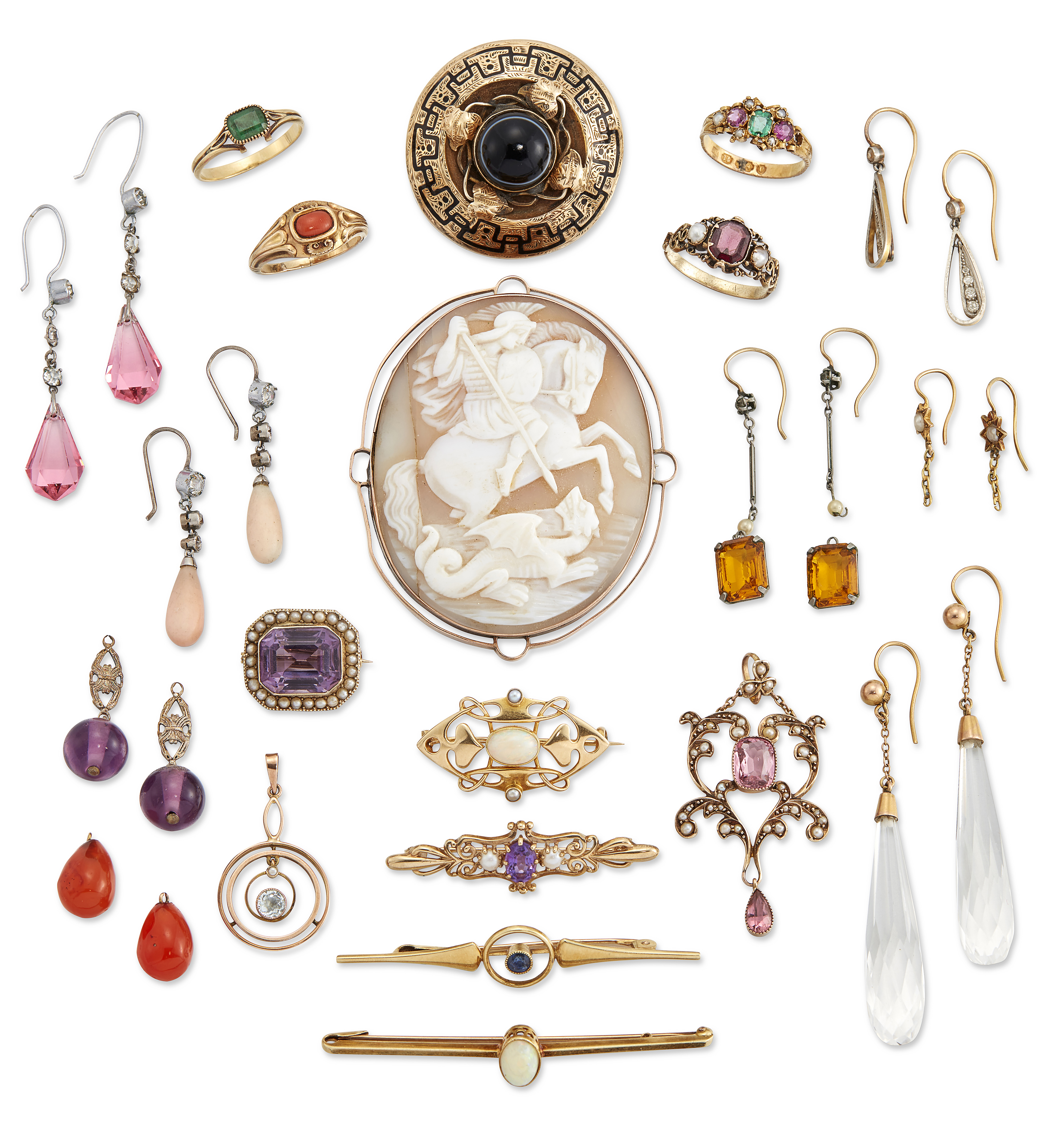 A group of antique and later jewellery, comprising: an Art Nouveau 15ct gold opal and half-pearl ...