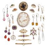 A group of antique and later jewellery, comprising: an Art Nouveau 15ct gold opal and half-pearl ...