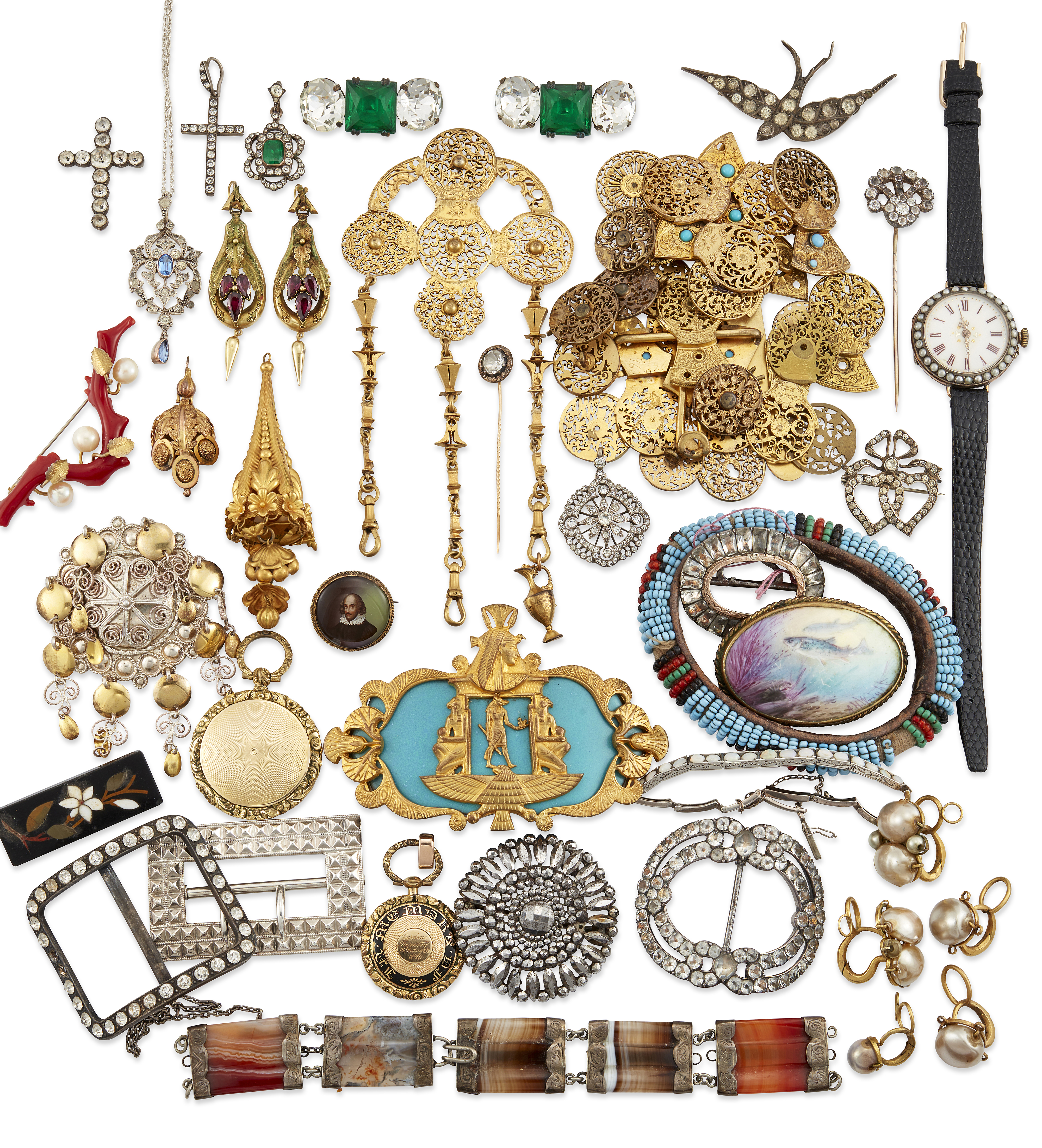 A group of antique and later jewellery, including: a collection of Georgian watch cock jewellery ...