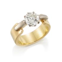 A diamond single stone ring, in two color mount, with a round brilliant-cut diamond, with an esti...