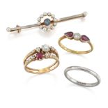 Three rings and a bar brooch, comprising; a ruby and diamond ring of double design, ring size O; ...