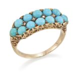 A Victorian turquoise and diamond ring, two rows of round cabochon turquoise with rose-cut diamon...