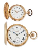 Two 14ct gold fob watches Comprising: a 14ct gold keyless wind full hunter pocket watch made by t...