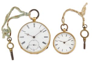 Two 19th century Swiss open face pocket watches One smaller sized with a cylinder movement and en...