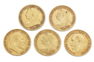 Five half sovereigns, Victoria: 1893, 1897, 1900; Edward VII, 1907; George V, 1911 (5)
