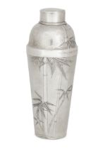 A Japanese silver 'Bamboo design' cocktail shaker c.1920 Of tapering cylindrical form, the plan...