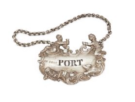 A cast silver 'Five Topers' decanter label Edward Farrell London, 1829  The label reading 'Por...