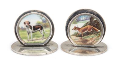 A pair of Edwardian enamelled silver menu/place card holders Sampson Mordan & Co. Chester, 1904...