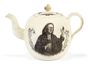 A Staffordshire creamware commemorative teapot and cover, probably Wedgwood, c.1775, the globular...