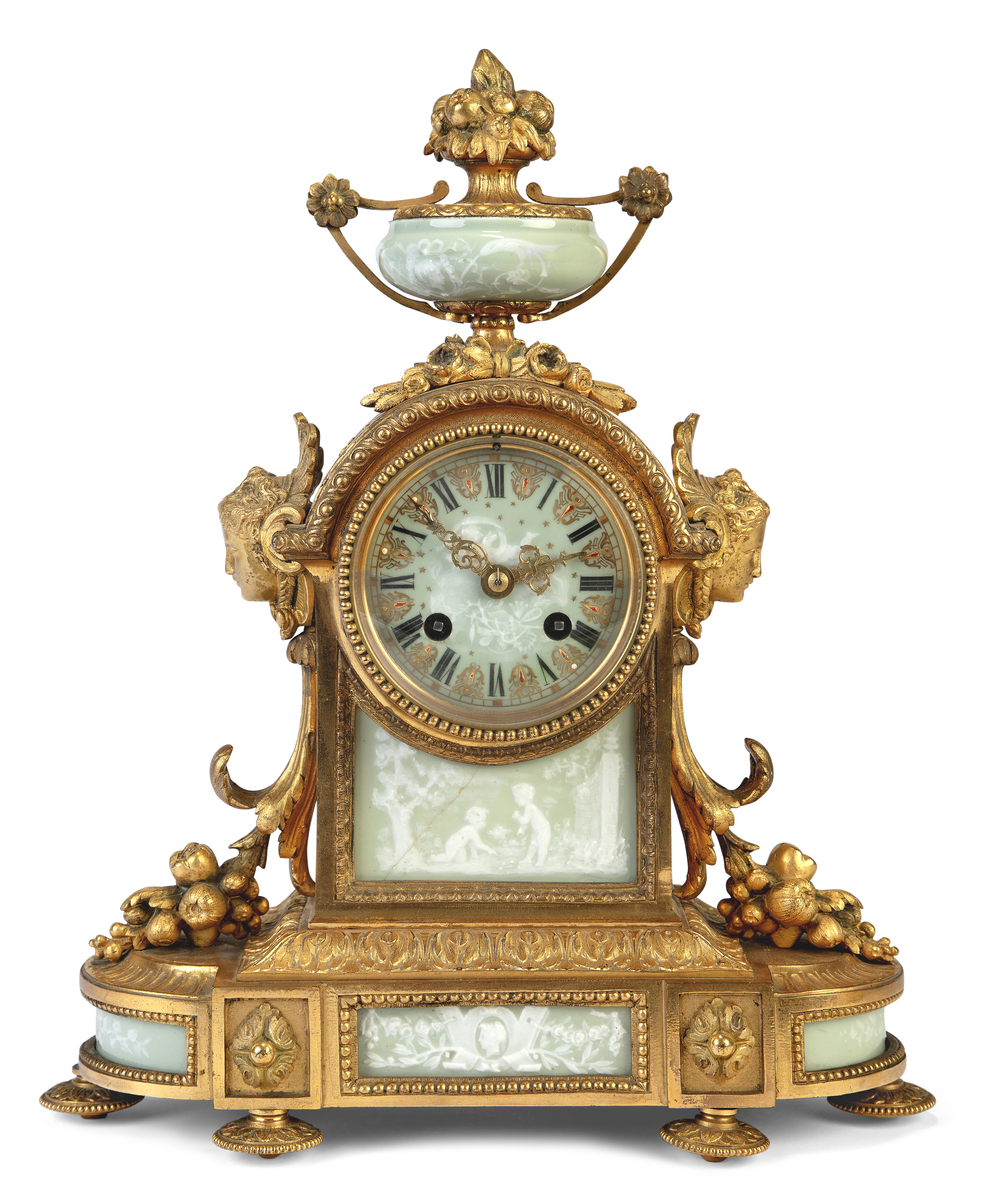 A French gilt-bronze and pâte-sur-pâte mantel clock, third quarter 19th century, the arched case ...