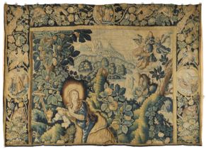 An Aubusson Tapestry fragment, late 17th / early 18th century, depicting Mary Magdalene knelt in ...