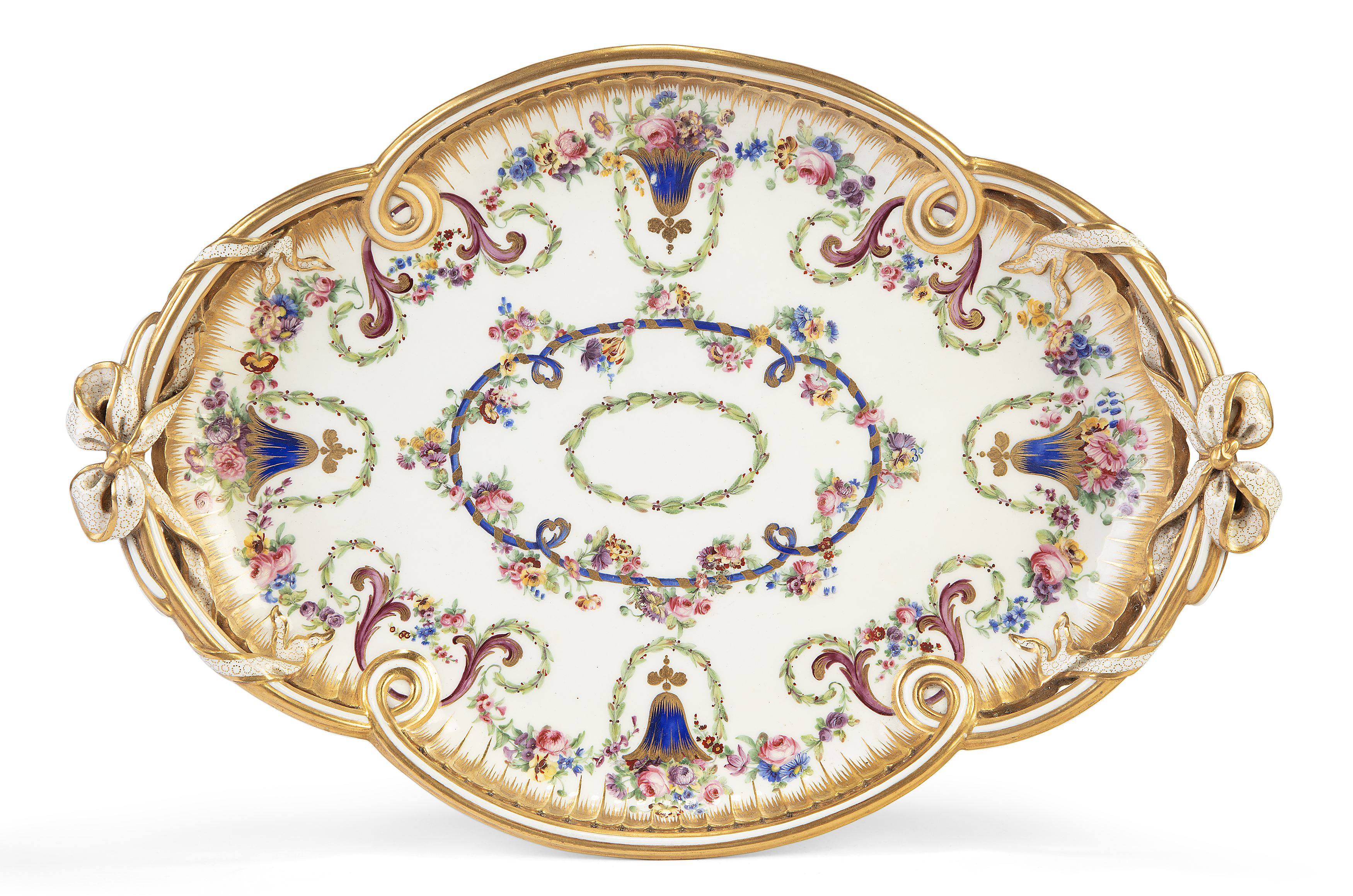 A Sèvres (hard paste) porcelain two-handled quatrefoil tray (plateau ‘à rubans’), 1779, puce inte...