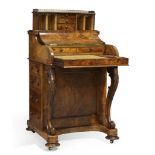 A Victorian burr walnut piano top davenport, third quarter 19th century, pierced brass gallery ab...