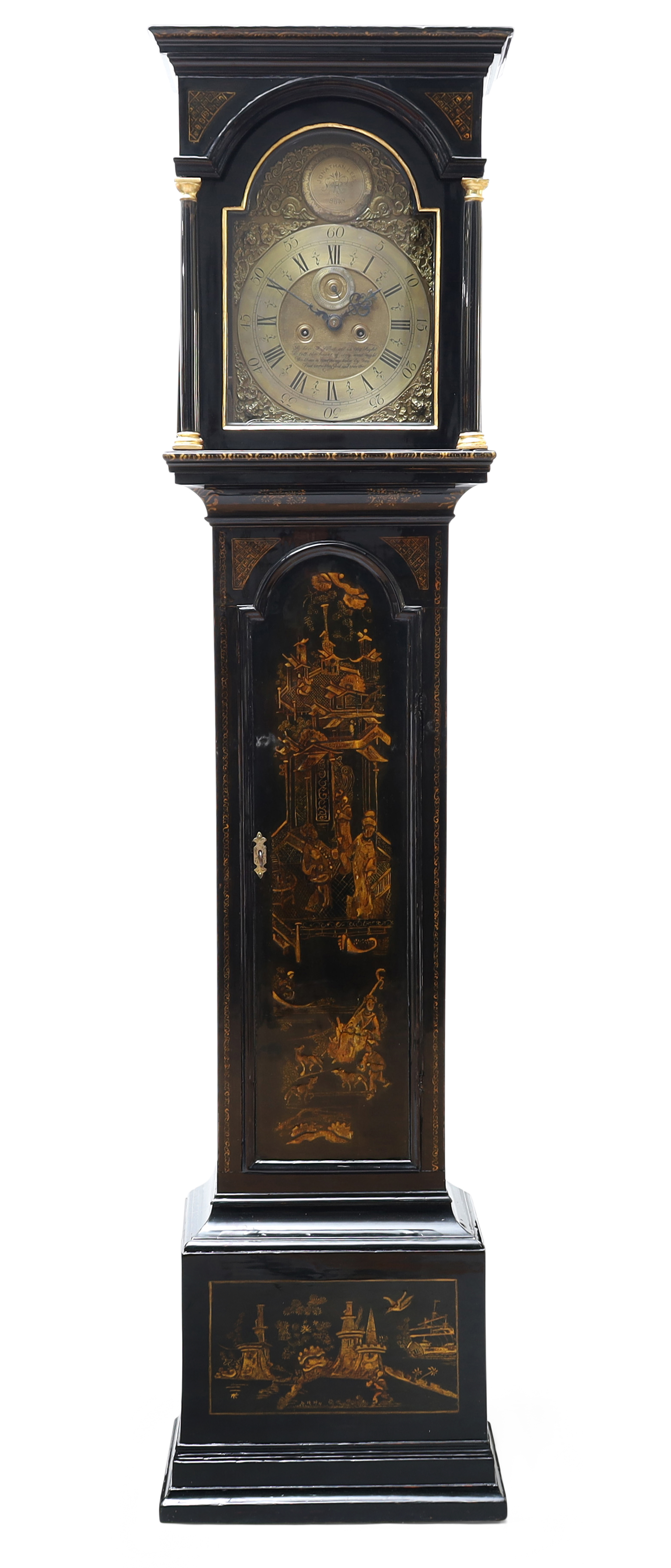 An English black japanned longcase clock, mid-18th century, the case with chinoiserie decoration ...
