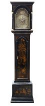 An English black japanned longcase clock, mid-18th century, the case with chinoiserie decoration ...