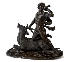 After Holme Cardwell, British, 1813–1895, a bronze model of a huntsman and a stag, possibly Hercu...