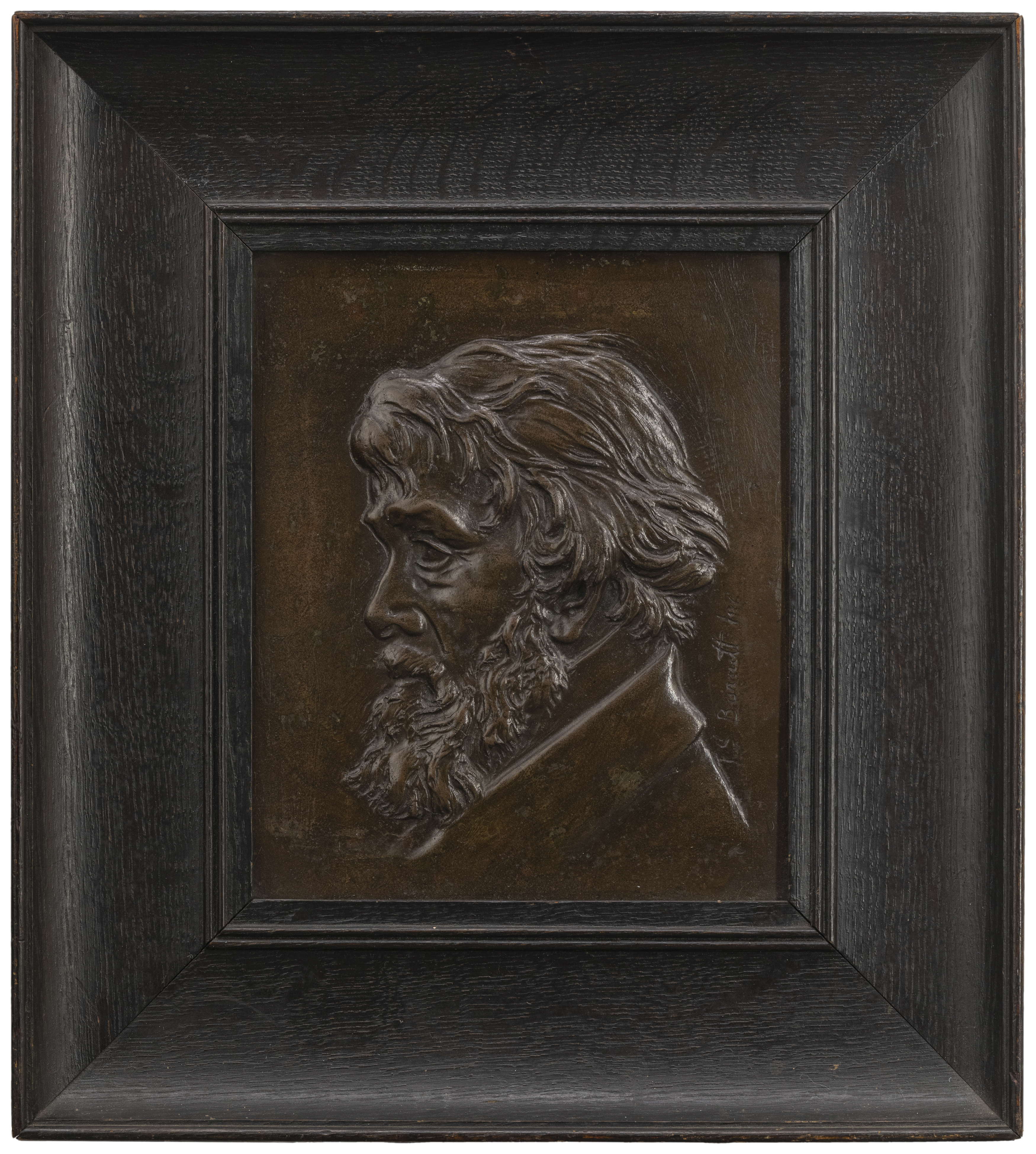 Thomas Stuart Burnett ARSA, Scottish, 1853-1888, a bronze portrait relief of Thomas Carlyle, with... - Image 3 of 4