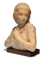 Richard Louis Garbe RA FRBS, British, 1876-1957, a terracotta bust of a pensive young girl, signe...