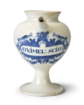 A Dutch Delft ceramic blue and white wet drug jar, mid-18th century, inscribed OXIMEL : SCILLI wi...