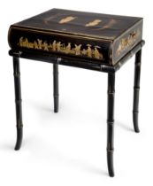A Chinese Export black and gilt lacquer writing box, first half 19th century, in the form of a bo...