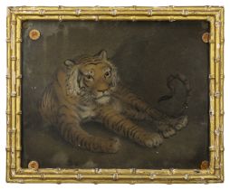 In the manner of Benjamin Zobel, German-British, 1762-1830, a sand picture of a recumbent tiger, ...