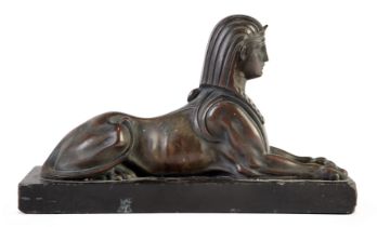 A French bronze model of a sphinx, first quarter 20th century, on rectangular black slate base, 1...