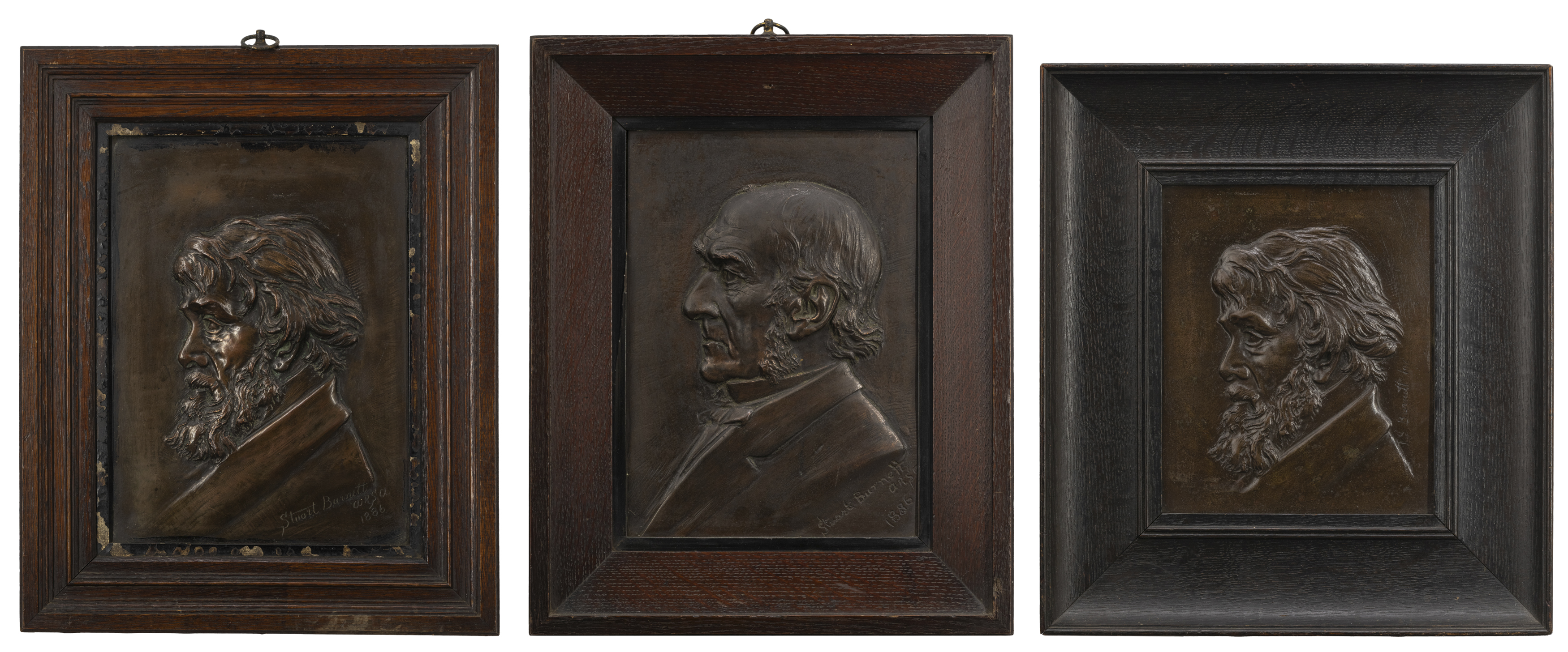 Thomas Stuart Burnett ARSA, Scottish, 1853-1888, a bronze portrait relief of Thomas Carlyle, with...