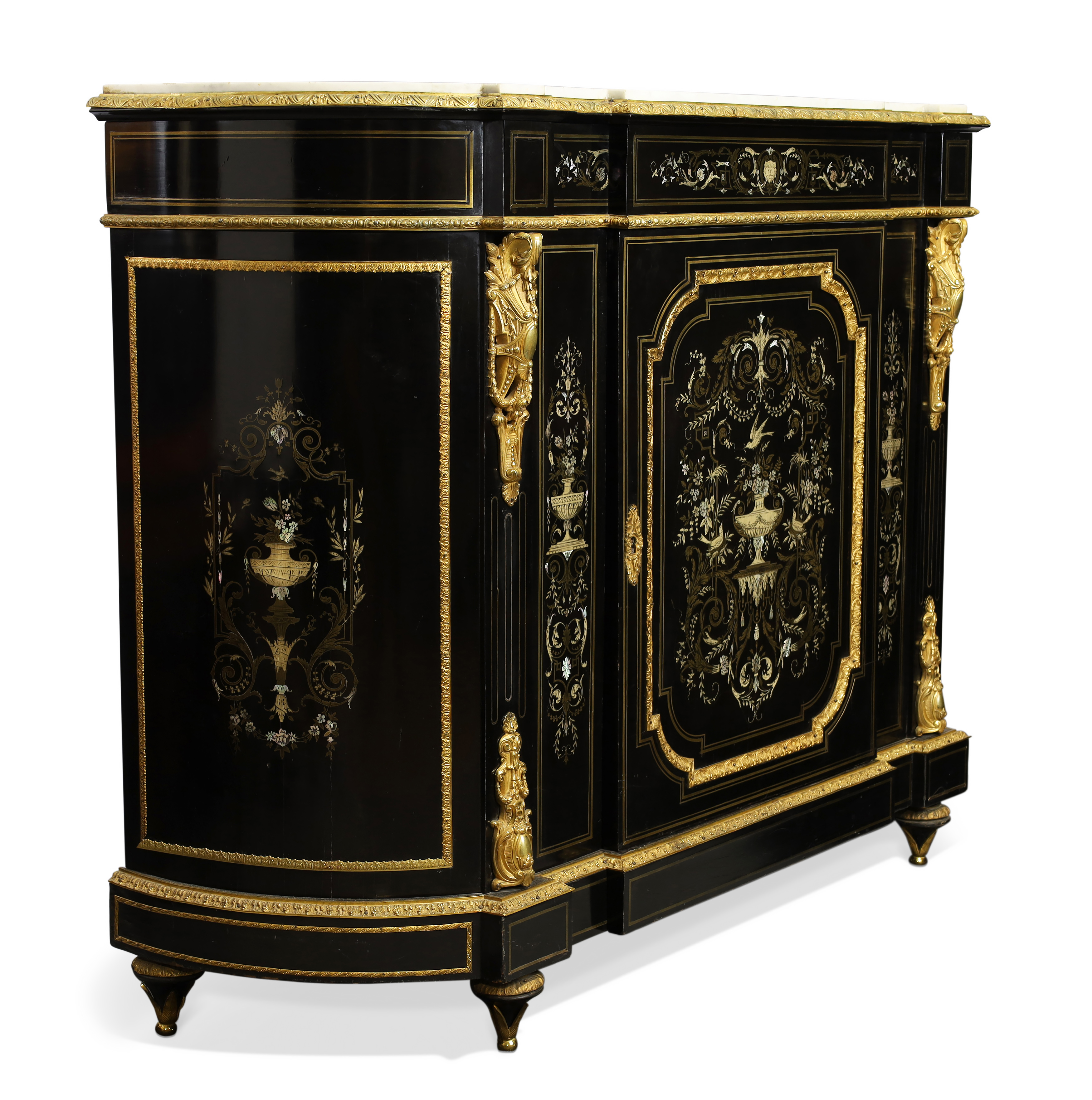 A Napoleon III brass, ivory and mother-of-pearl inlaid ebonised breakfront cabinet, third quarter... - Image 2 of 5
