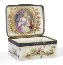 A gilt-metal mounted Meissen porcelain rectangular snuff-box and cover, c.1755-60, the exterior p...