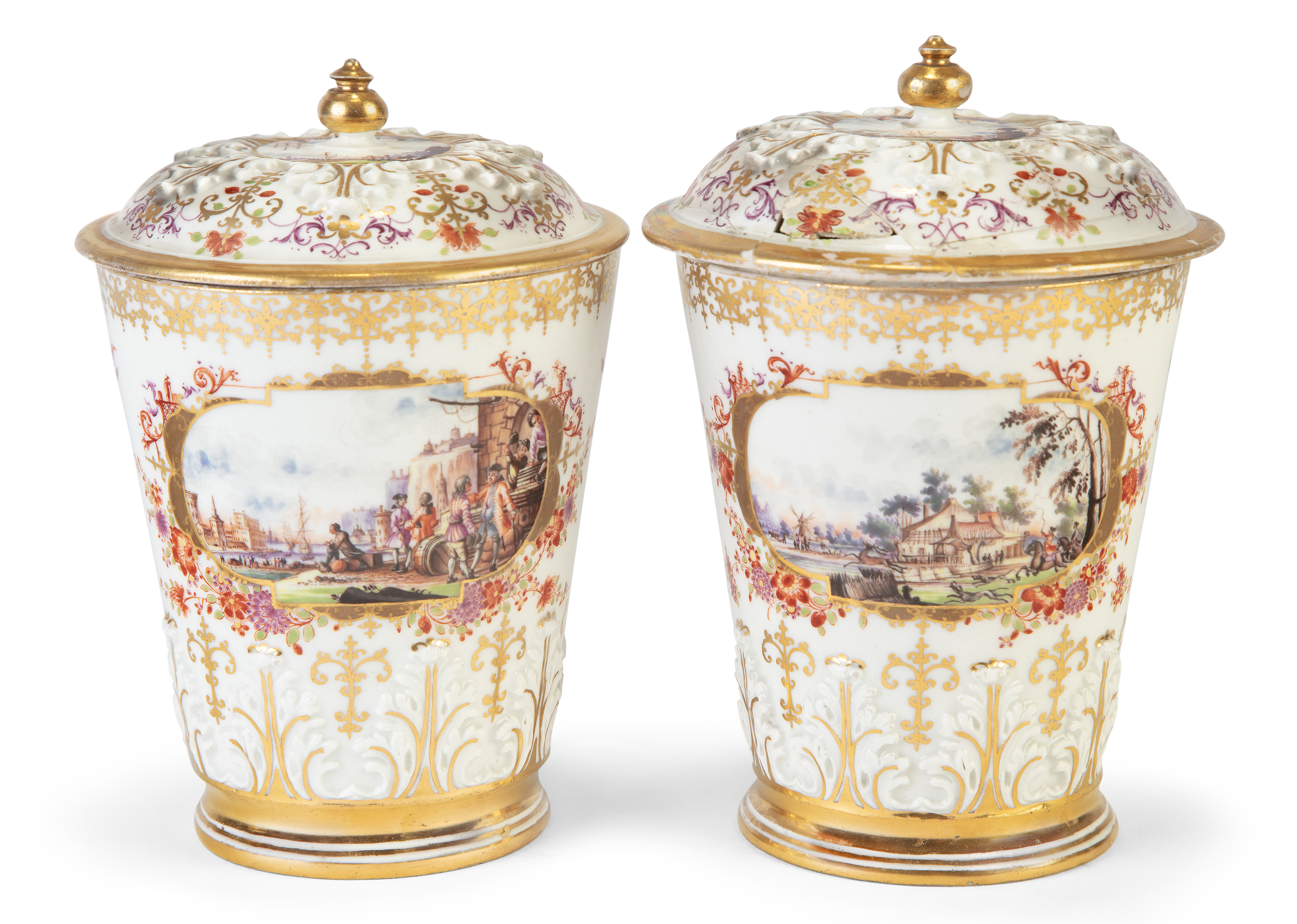 A pair of Meissen porcelain beakers and covers, 19th century, blue crossed swords marks, gilt 1. ...