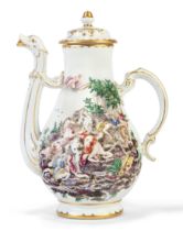 A Doccia porcelain baluster coffee pot and cover, c.1770, puce //. mark to pot, each side moulded...