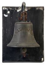 A bronze ship's bell from HMS Carnation, early 20th century, retaining its original clanger, insc...