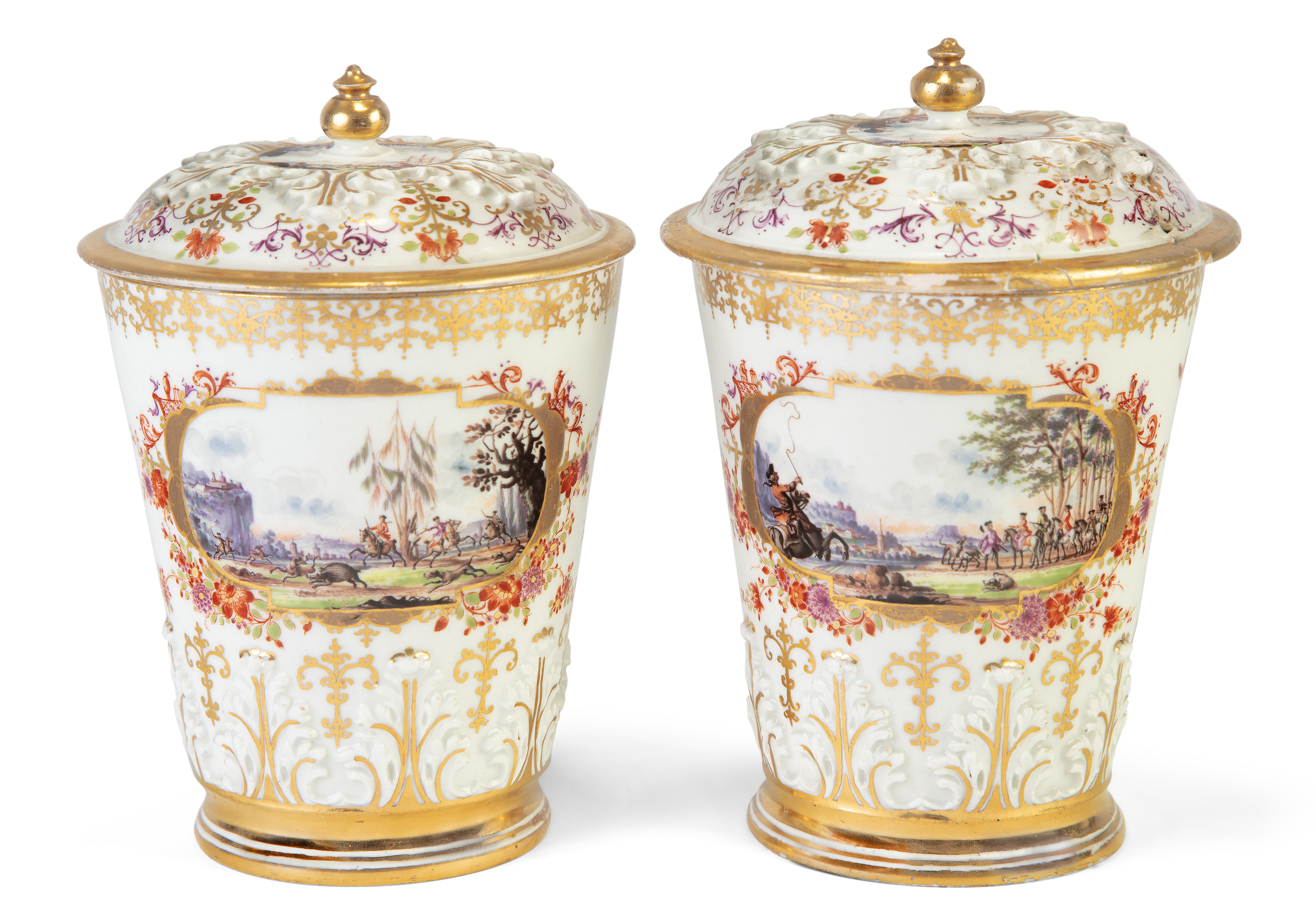 A pair of Meissen porcelain beakers and covers, 19th century, blue crossed swords marks, gilt 1. ... - Image 2 of 5