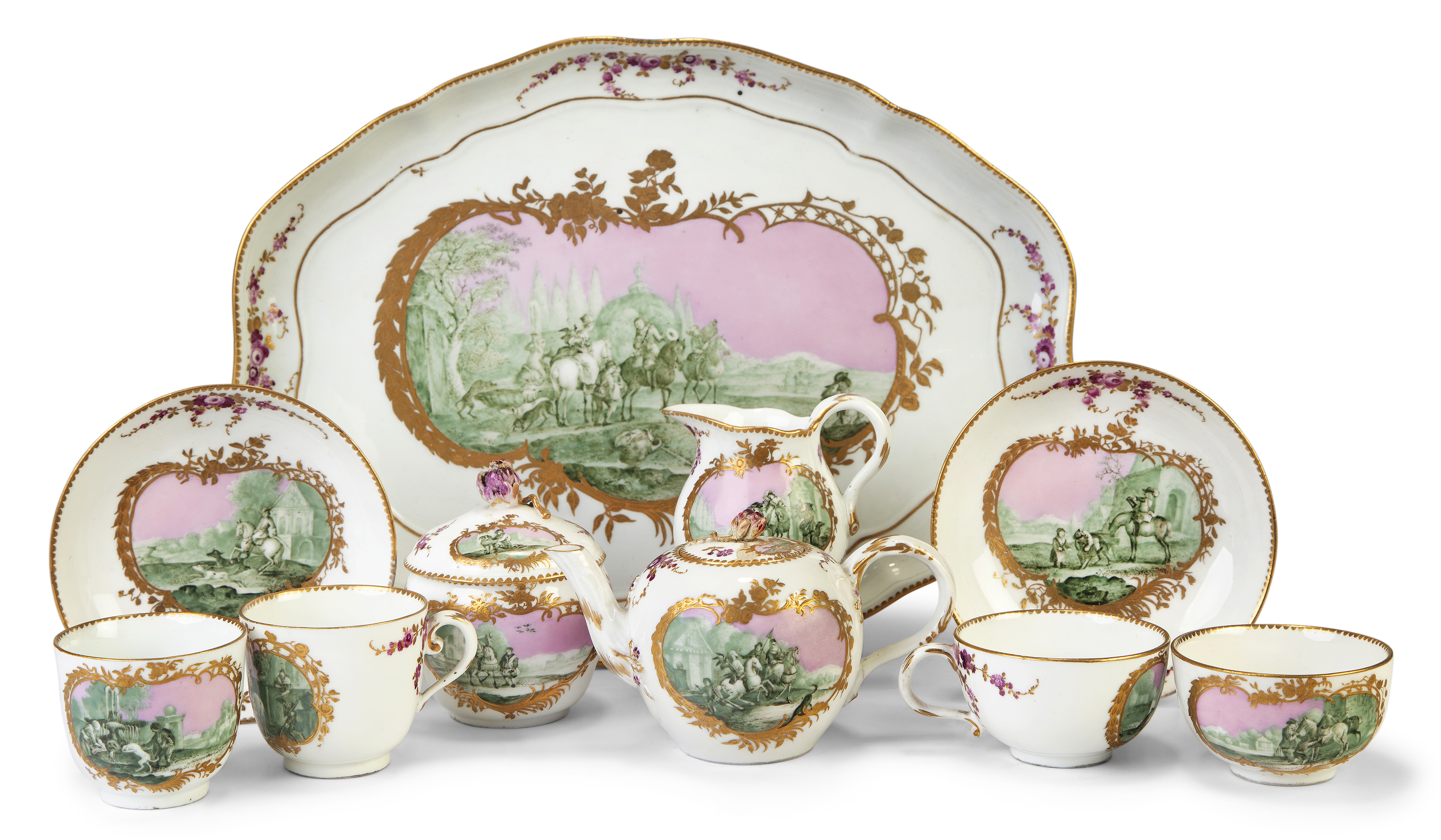 A Meissen porcelain part tea and coffee or chocolate-service, c.1770, blue crossed swords and dot...