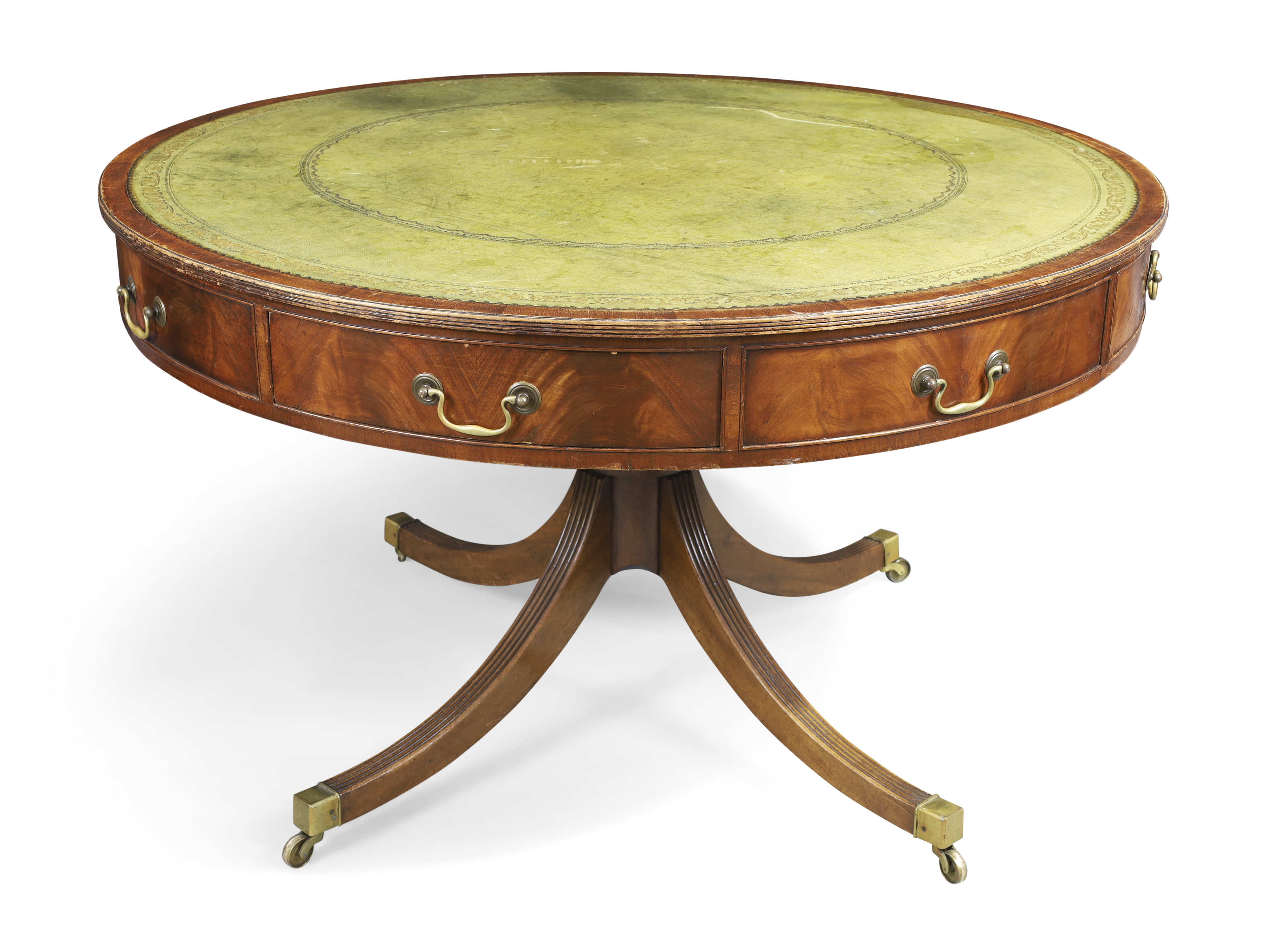 An English mahogany library drum table, of George III style, 20th century, the tooled leather top... - Image 2 of 2