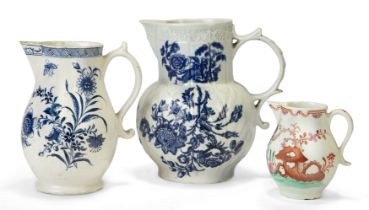 Three Lowestoft porcelain jugs, 18th century, to include a small sparrowbeak jug, c.1770-80, deco...