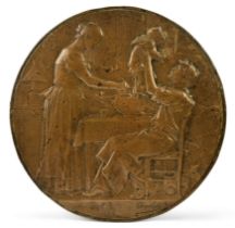 After Jules-Clément Chaplain, French, 1839-1909, a circular bronze relief plaque of a domestic sc...